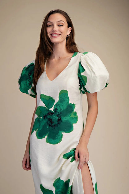 GL Floral Puff Sleeve Maxi Dress EMERALD
