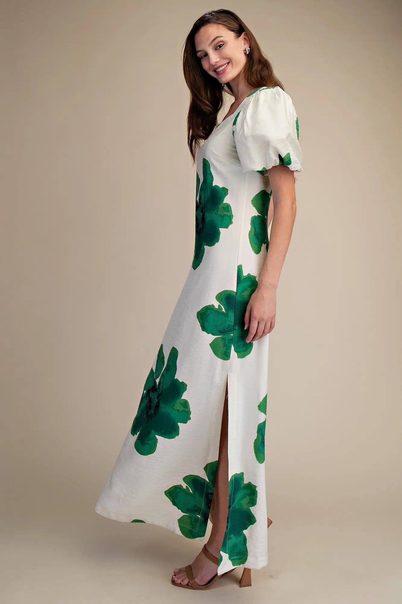 GL Floral Puff Sleeve Maxi Dress EMERALD