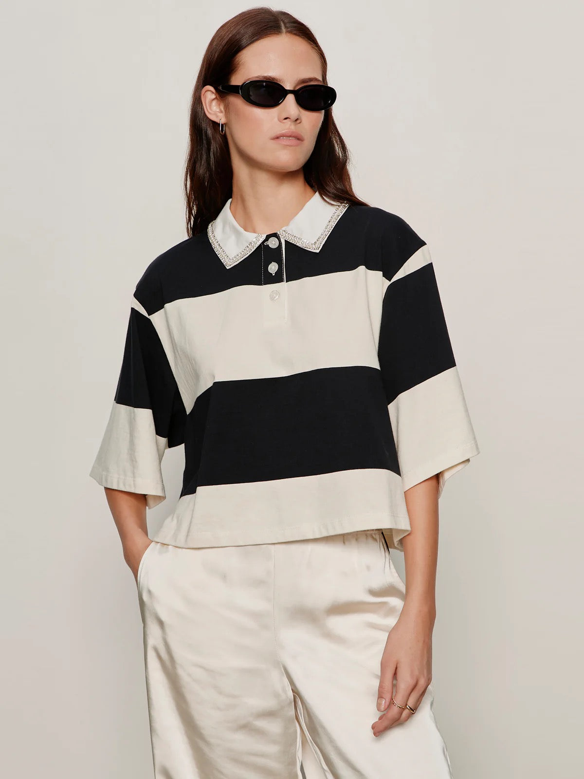 SA Embellished Polo Tee COLLAGEN/BLACK STRIPE