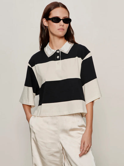 SA Embellished Polo Tee COLLAGEN/BLACK STRIPE