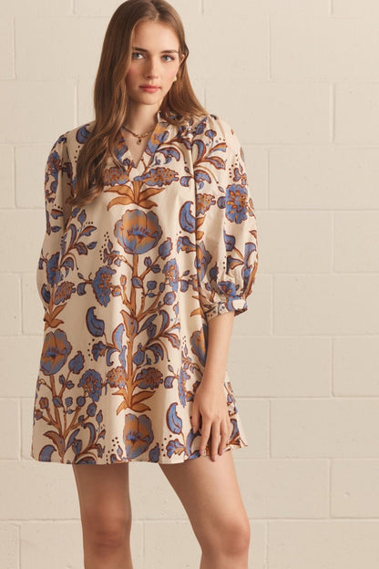 ENTRO Floral Print Mini Dress - ECRU