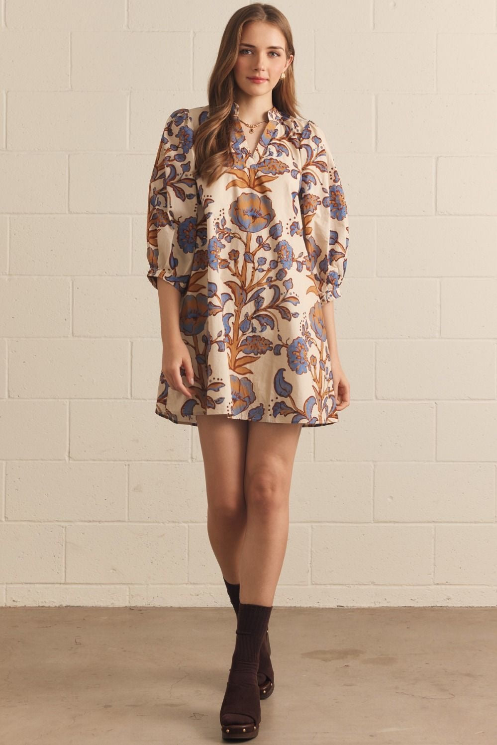 ENTRO Floral Print Mini Dress - ECRU
