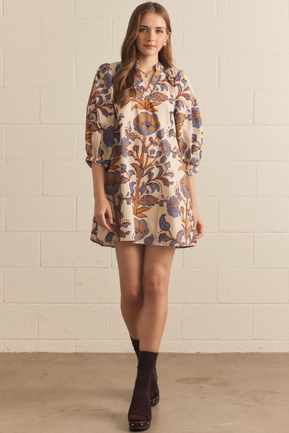 ENTRO Floral Print Mini Dress - ECRU