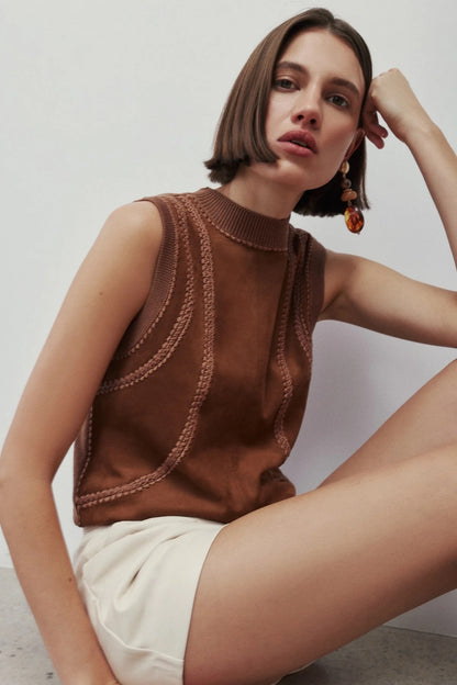 MN Solana Mixed Media Top CHESTNUT