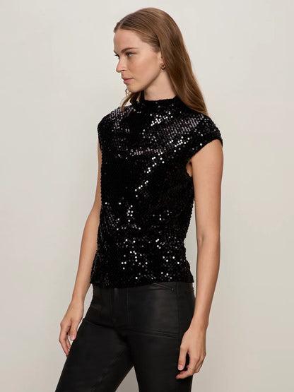 Sanctuary Funnel Neck Sequin Top - BLACK