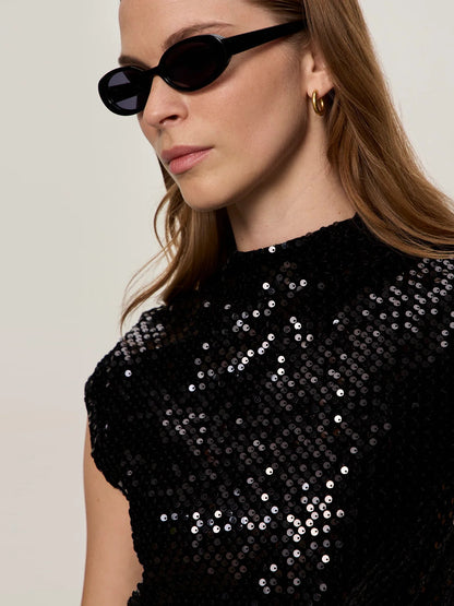 Sanctuary Funnel Neck Sequin Top - BLACK