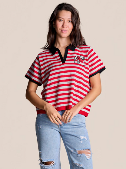 Stewart Simmons The Spirit Stripe Collared Sweater - UGA RED/GREY