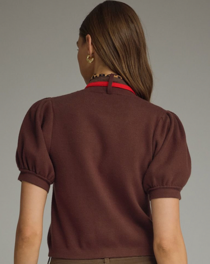 ENTRO Puff Sleeve Knit Top w/ Scarf - BROWN