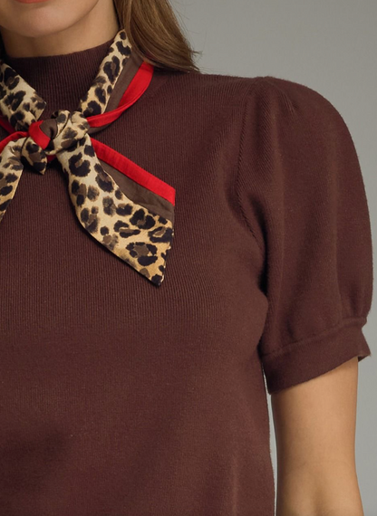 ENTRO Puff Sleeve Knit Top w/ Scarf - BROWN