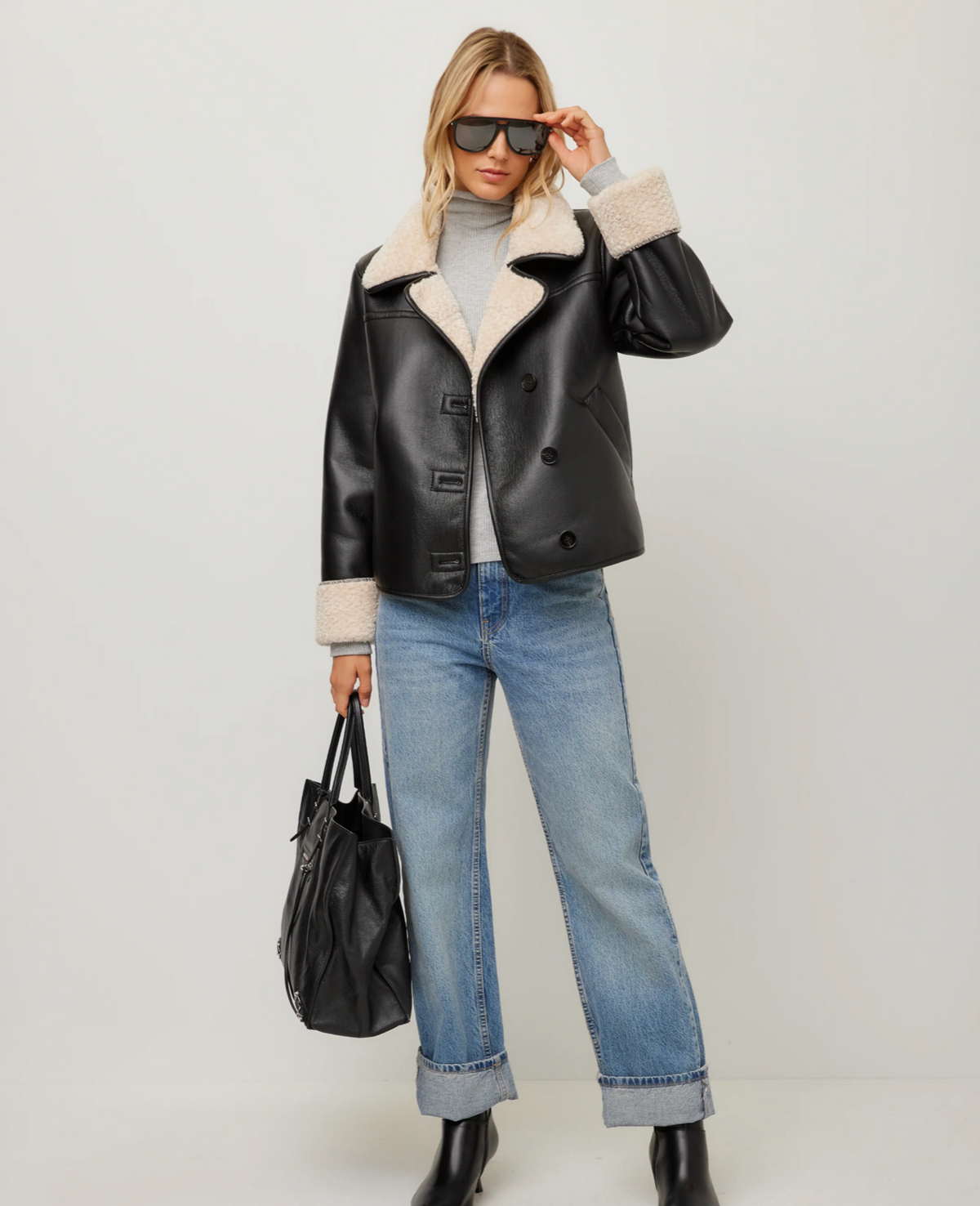 Fifteen Twenty Tara Faux Leather Shearling Jacket - BLACK/CREAM