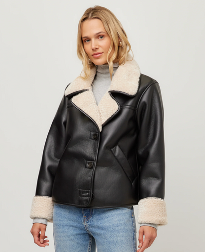 Fifteen Twenty Tara Faux Leather Shearling Jacket - BLACK/CREAM