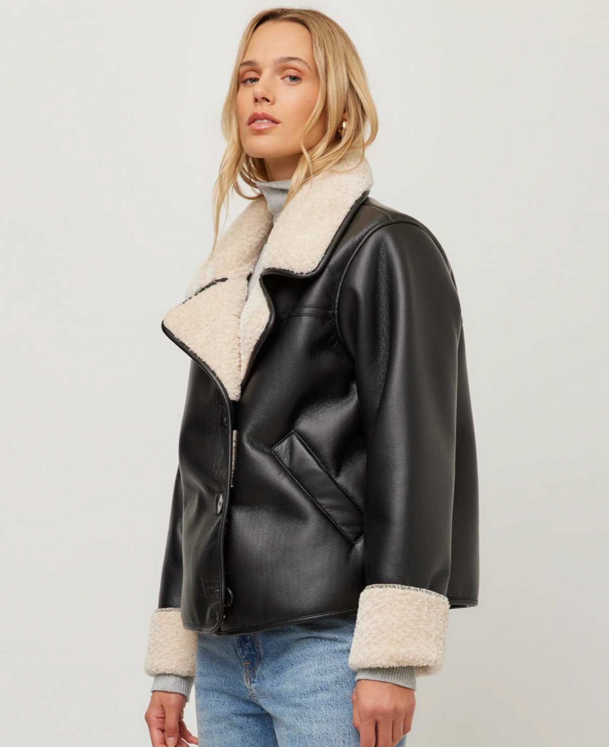 Fifteen Twenty Tara Faux Leather Shearling Jacket - BLACK/CREAM