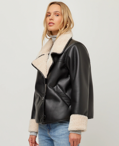 Fifteen Twenty Tara Faux Leather Shearling Jacket - BLACK/CREAM