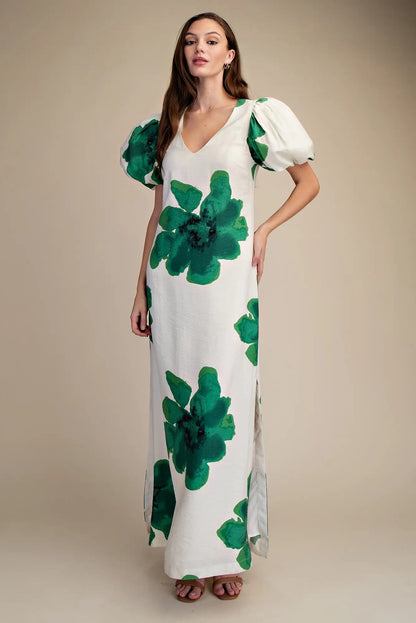 GL Floral Puff Sleeve Maxi Dress EMERALD