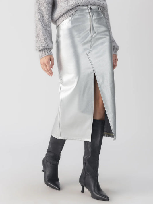 Sanctuary Leather Like Midi Skirt - SILVER
