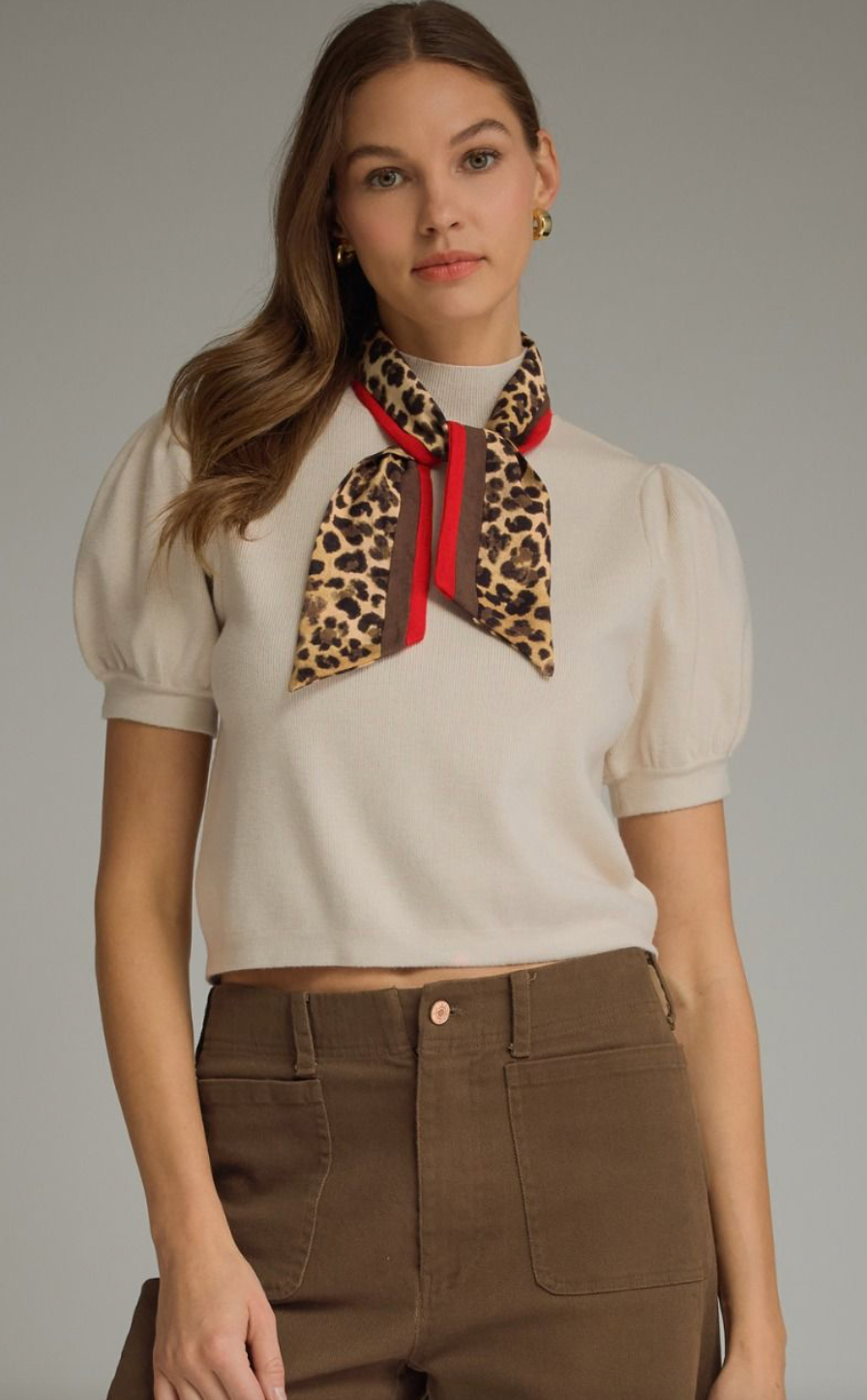 ENTRO Puff Sleeve Knit Top w/ Scarf - ECRU