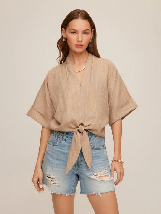 FT Janice Cuffed Sleeve Tie-Front Top STRIPE