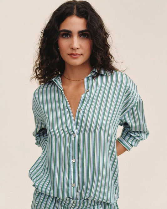 Bella Dahl Oversized Button Down - EMERALD SURF STRIPE
