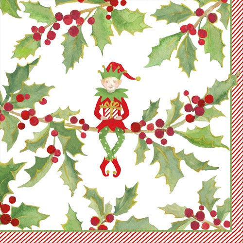 CAS Jingle Elves Cocktail Napkin WHITE