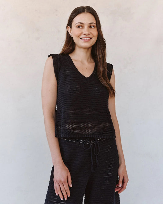 Bella Dahl Short Sleeve V-Neck Crochet Top - BLACK