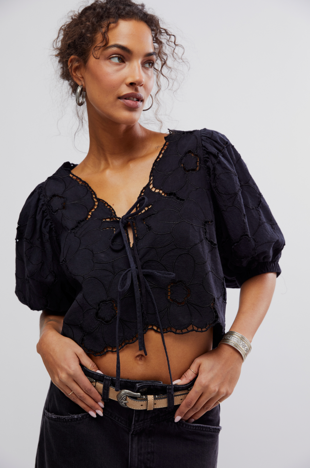 Free People June Embroidered Crop Top BALI/BLACK COMBO