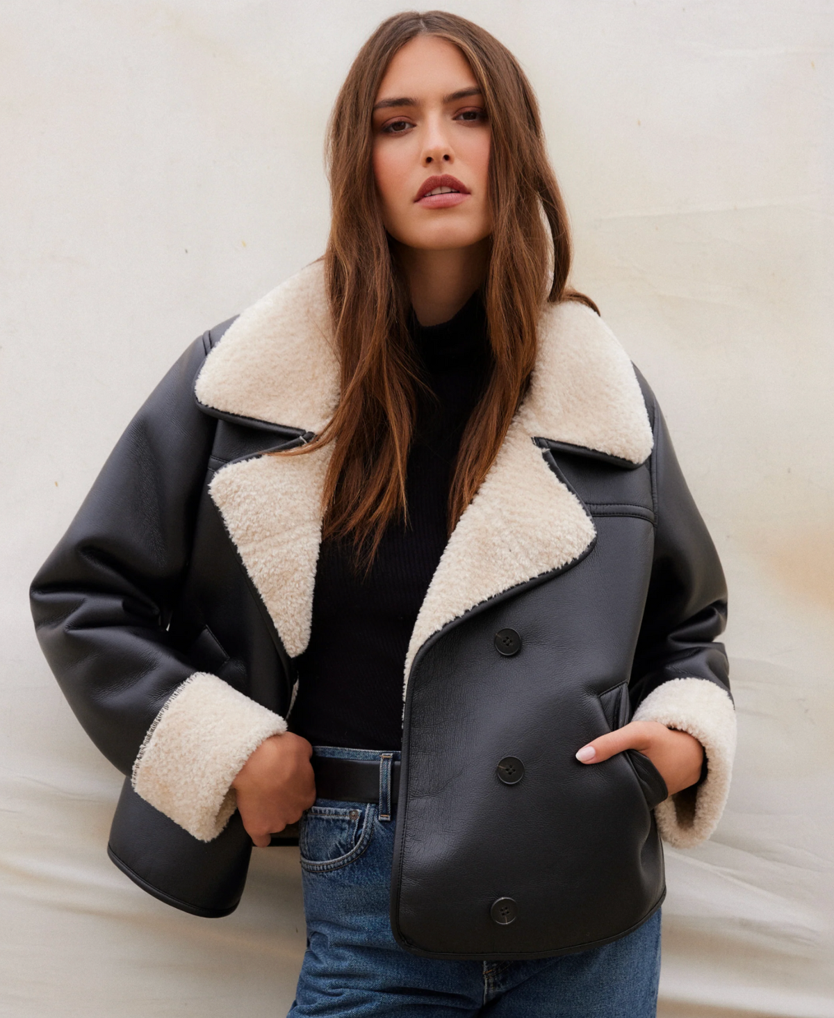 FT Tara Faux Leather Shearling Jacket BLACK/CREAM
