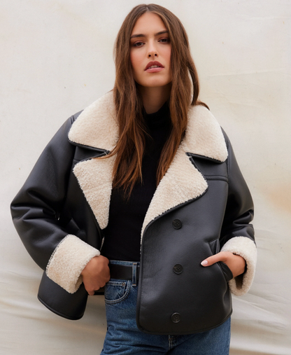Fifteen Twenty Tara Faux Leather Shearling Jacket - BLACK/CREAM