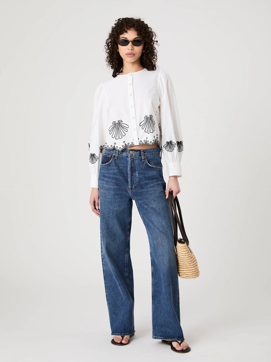 FC Cambria Embroidered LS Top LINEN WHITE/NAVY