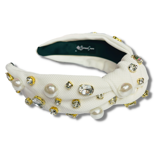 Brianna Cannon Headband - White Twill with Crystals and Peals