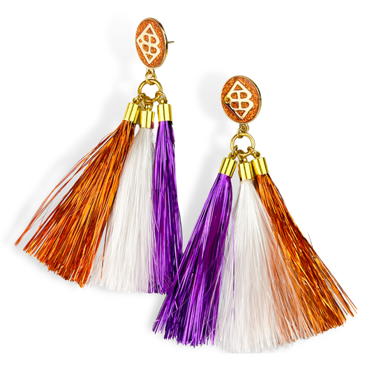 Brianna Cannon - Clemson Orange, Purple, and White Metallic Tassel Earrings