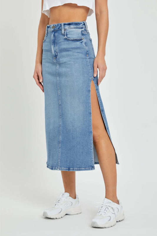 Hidden Jeans Peyton Midi Skirt with Side Slit - MEDIUM DENIM