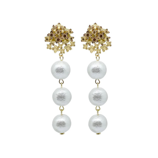 MDC Jardin Hydrangea Triple Cotton Pearl Earrings GOLD