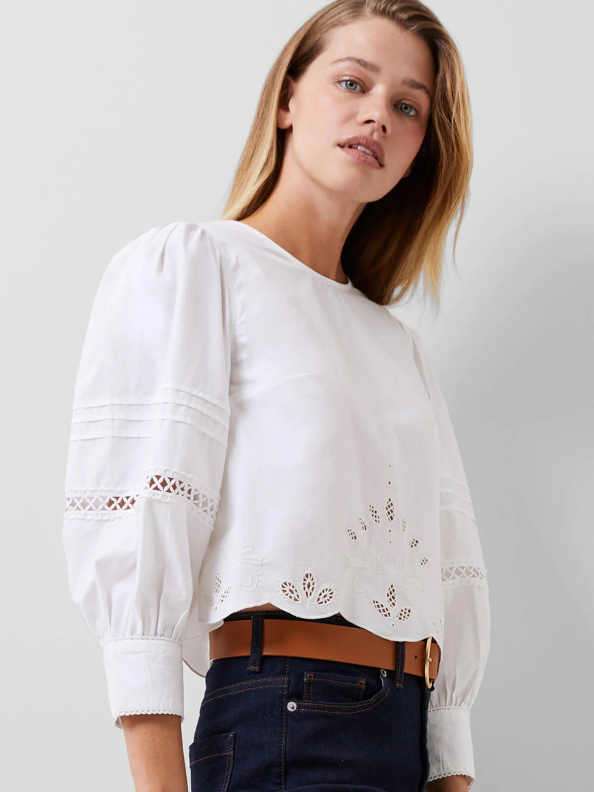 French Connection Alissa Embroidered Poplin Blouse - LINEN WHITE