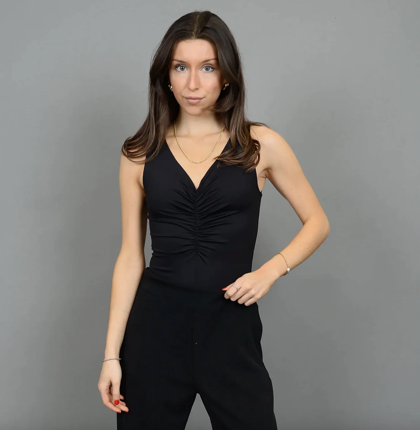 RDI Viola Sleeveless V-Neck Shirred Bodysuit BLACK