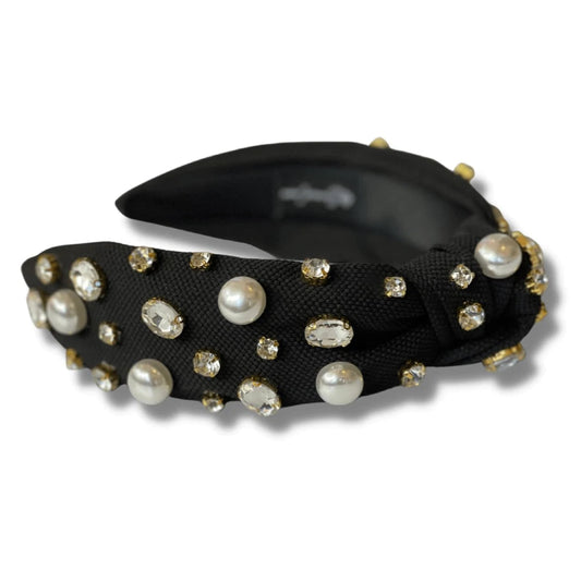 Brianna Cannon Headband - Black Twill with Crystals and Peals